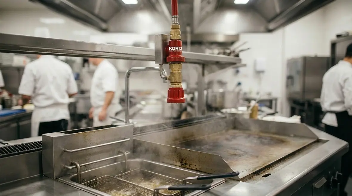 Close-up of UL 300 kitchen hood fire suppression nozzles over commercial range