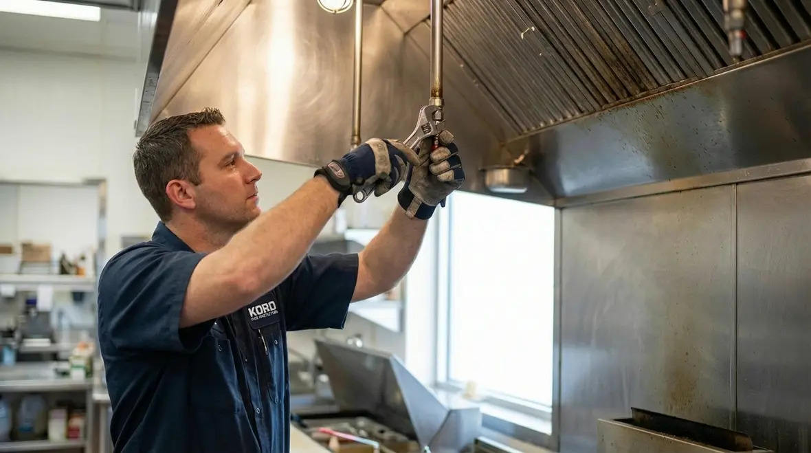 Technician inspecting kitchen fire suppression piping and detection links