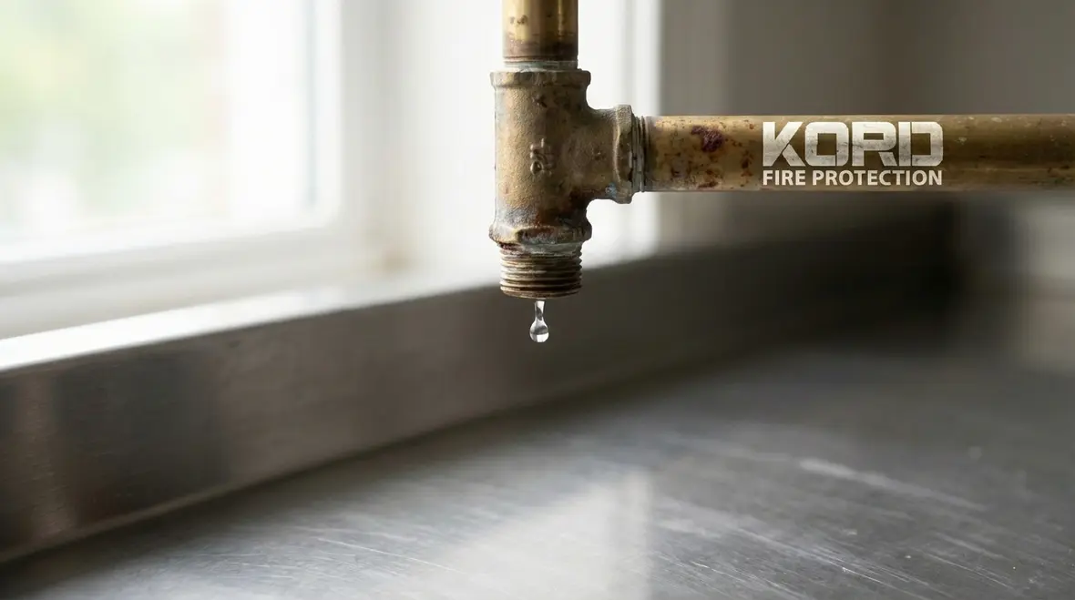 Technician inspecting leaking kitchen fire sprinkler