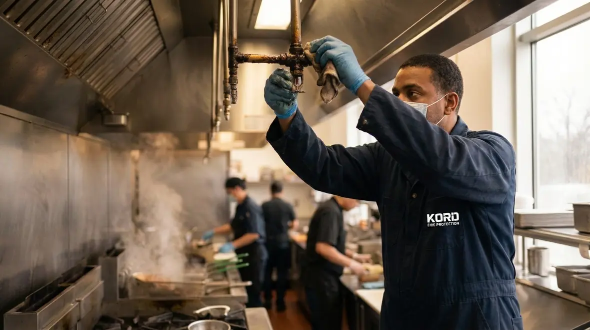 Fire protection technician repairing commercial kitchen sprinkler piping