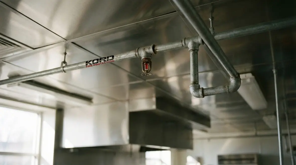 Commercial kitchen fire sprinkler piping above cooking line