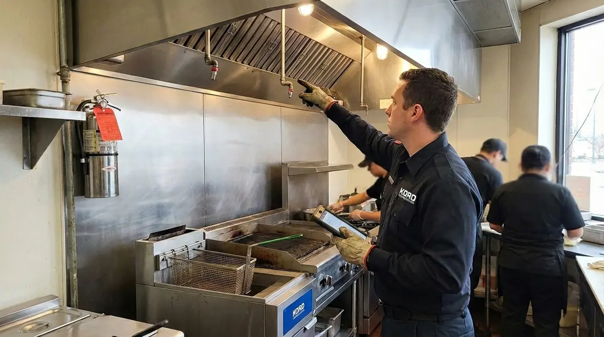 UL 300 restaurant hood fire suppression system over a busy commercial kitchen line