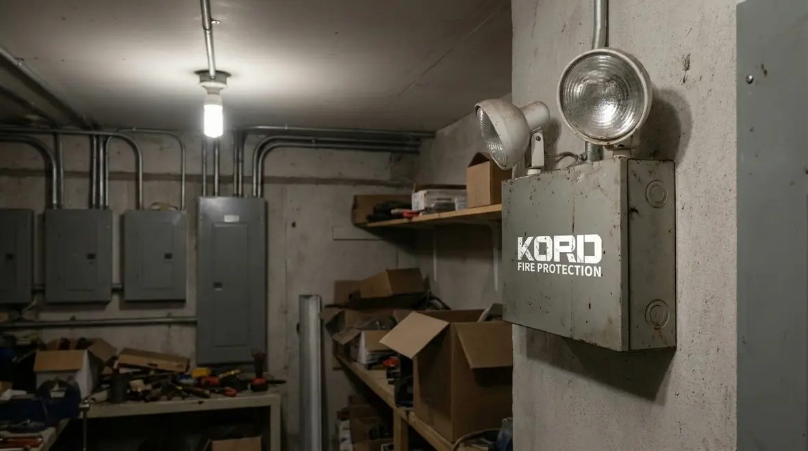 Close-up of UL 924 emergency light label and test button