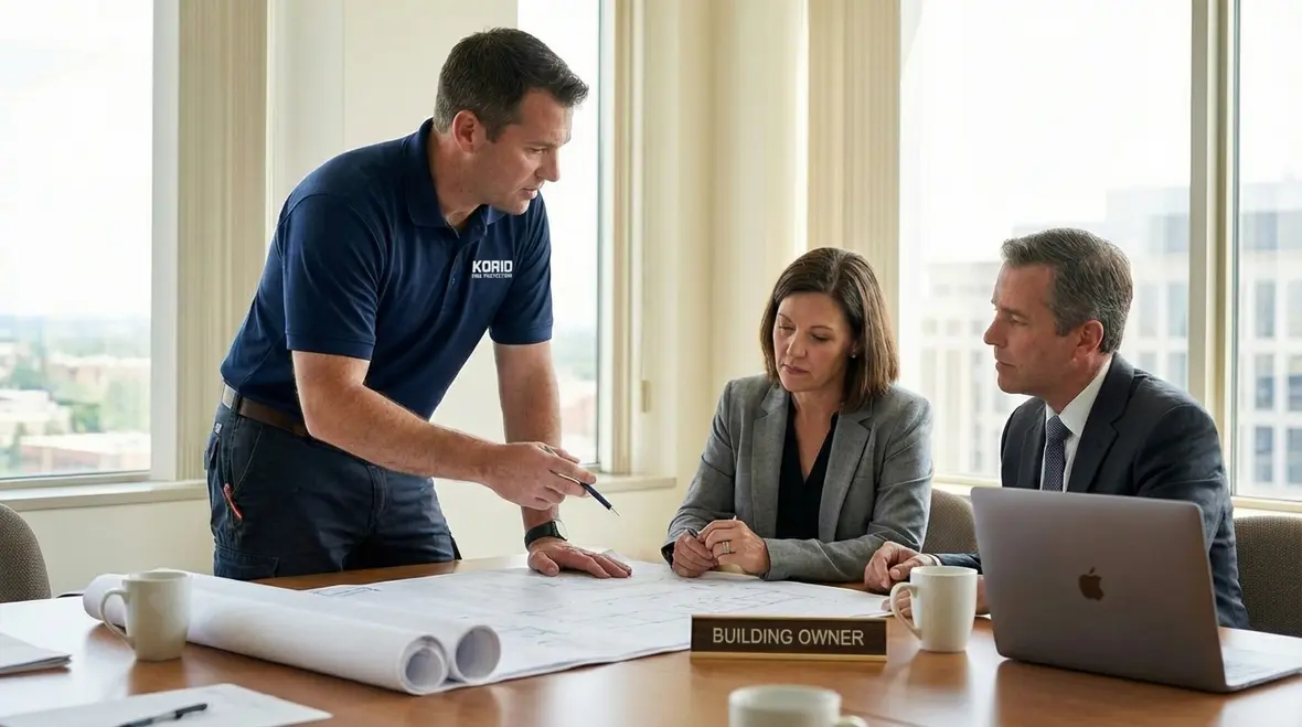 Kord Fire Protection technician walking a building owner through emergency lighting compliance