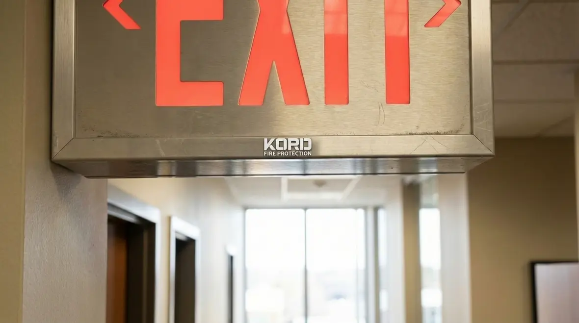 Technician reviewing UL 924 emergency lighting equipment in a corridor