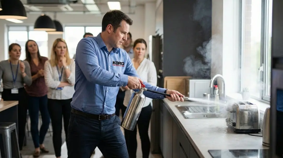 Person grabbing a fire extinguisher during an office fire