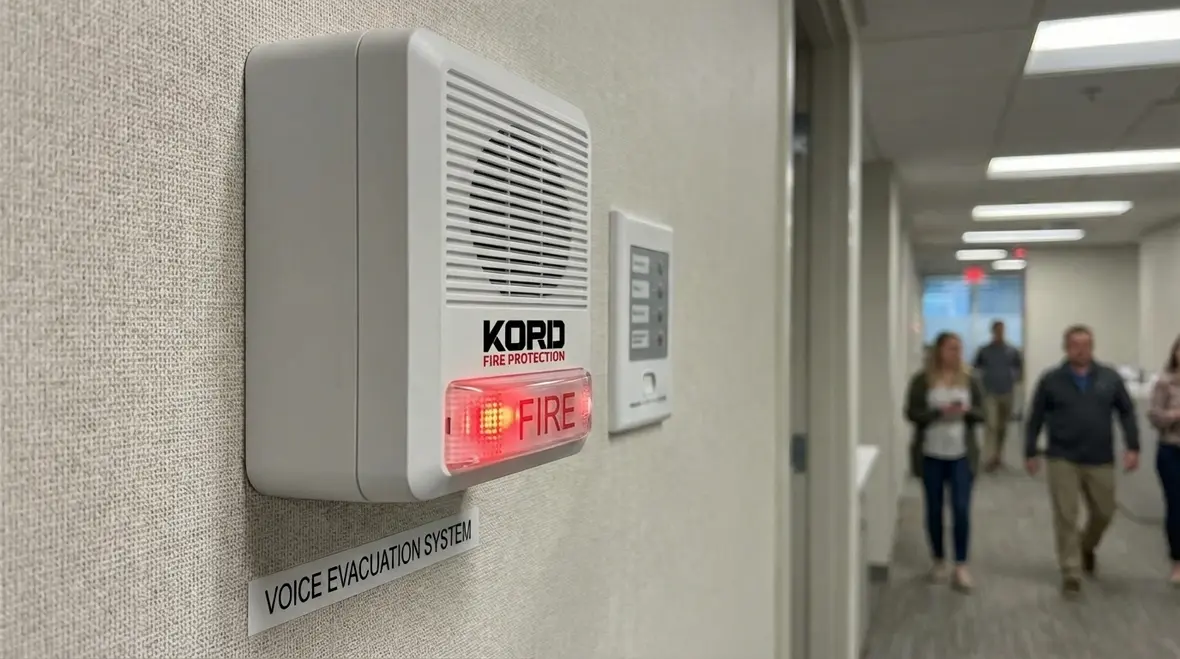 Voice evacuation fire alarm speakers in a commercial lobby