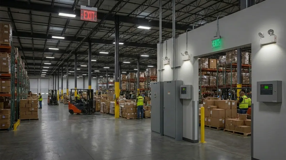 Technician planning emergency lighting layout for a warehouse
