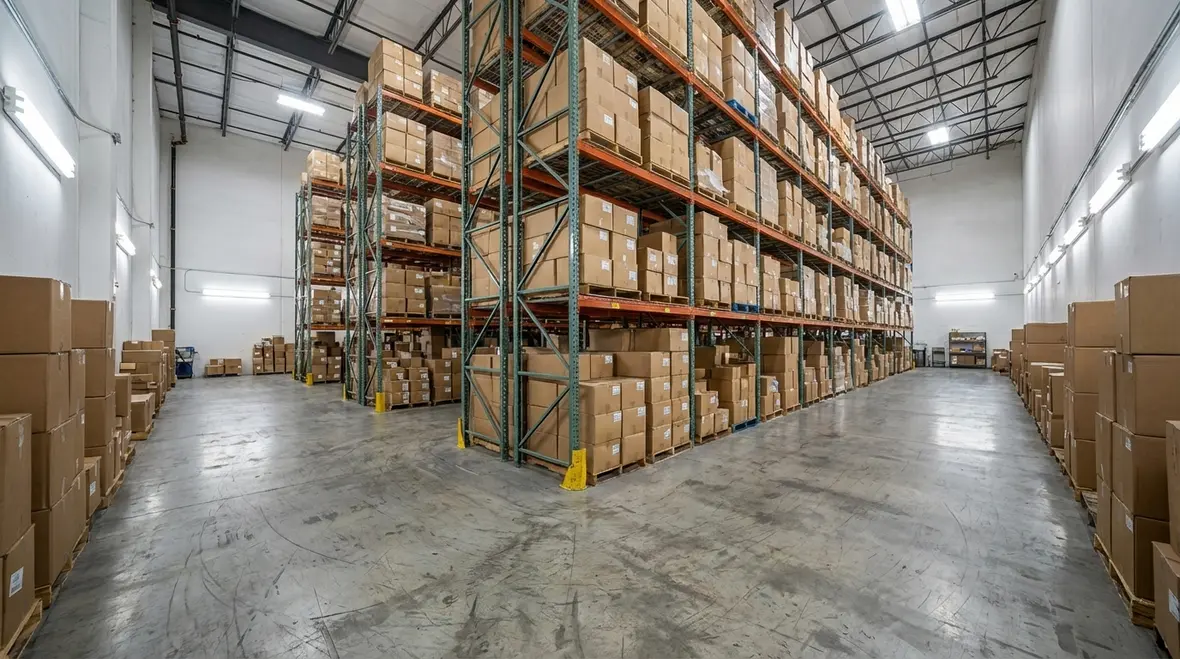 Emergency lighting mounted on a high warehouse ceiling
