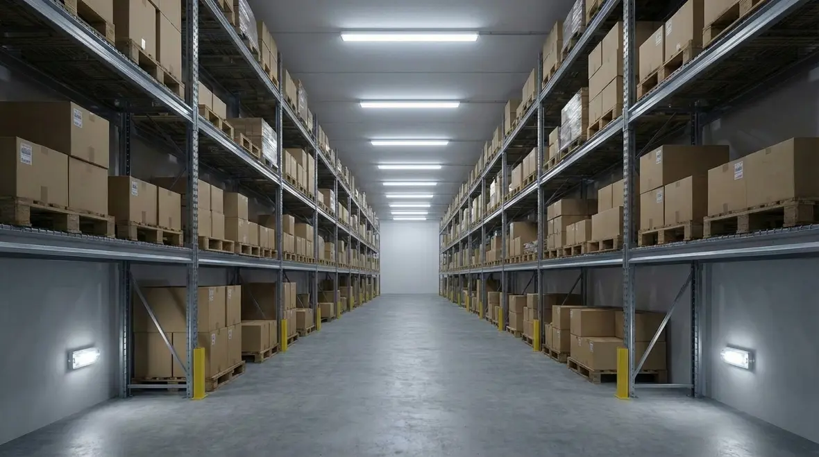 High-bay emergency lighting in a warehouse aisle