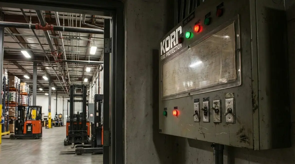 Technician reviewing warehouse fire protection plans in Los Angeles