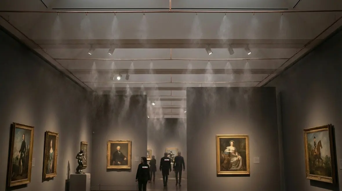 Technician inspecting a water mist fire suppression nozzle