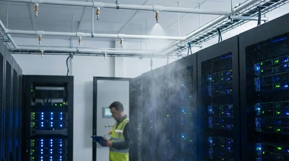 Water mist fire suppression system nozzles in operation