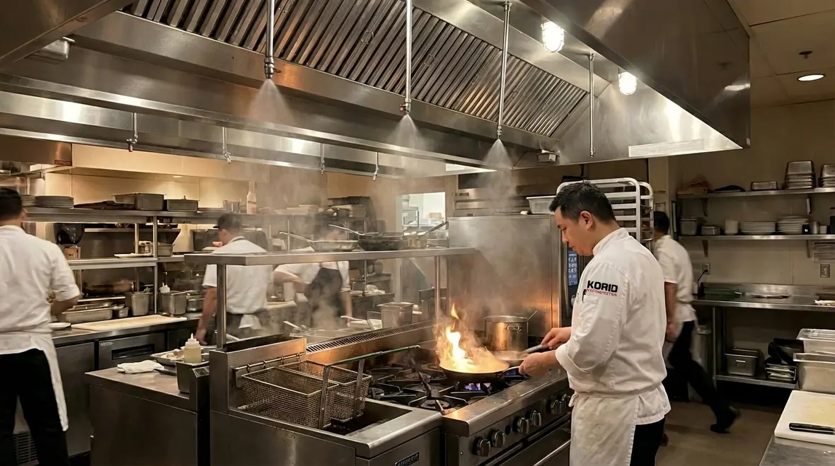 Water mist sprinkler system protecting a commercial kitchen