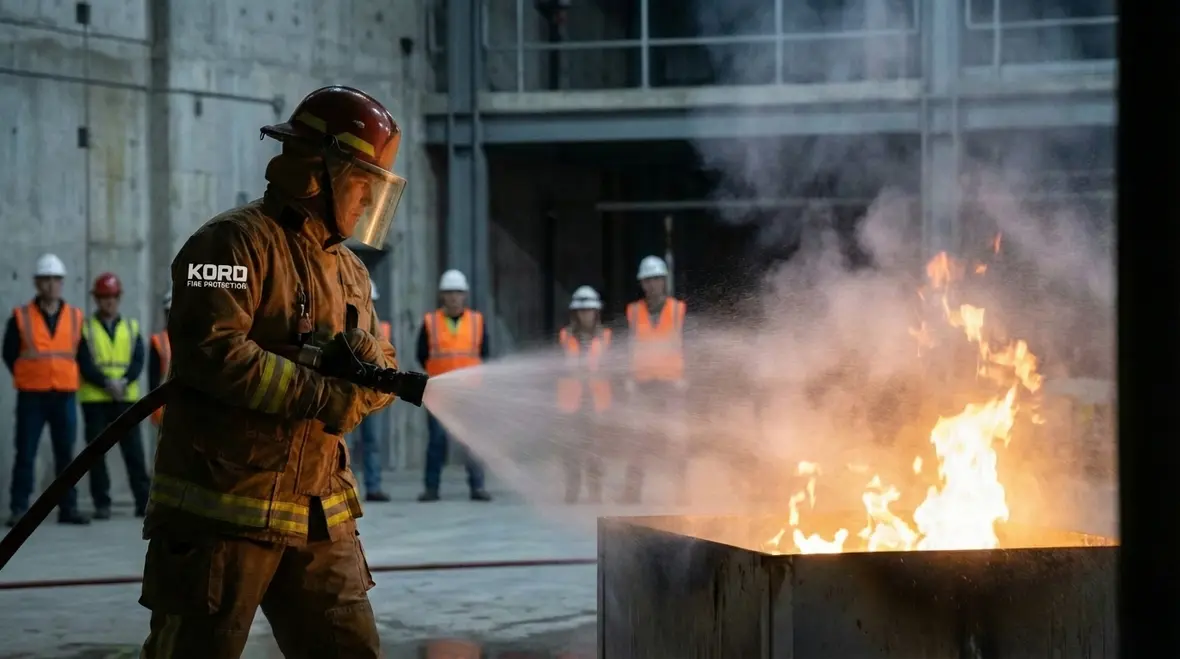 Technicians explaining water mist fire suppression myths and realities