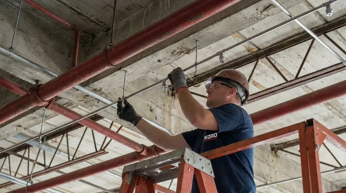 Technician comparing water mist system components to traditional sprinkler piping