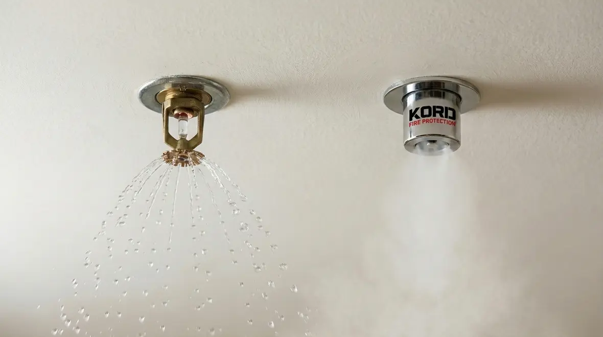 Technician inspecting a water mist fire suppression nozzle