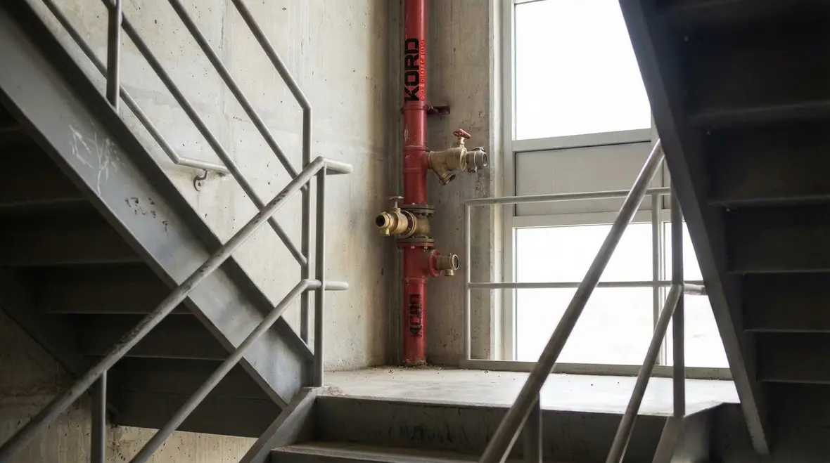 Wet standpipe riser and hose valve in a stairwell