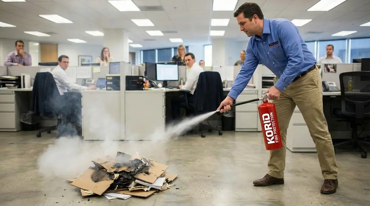 Technician explaining fire extinguisher class ratings to a building manager