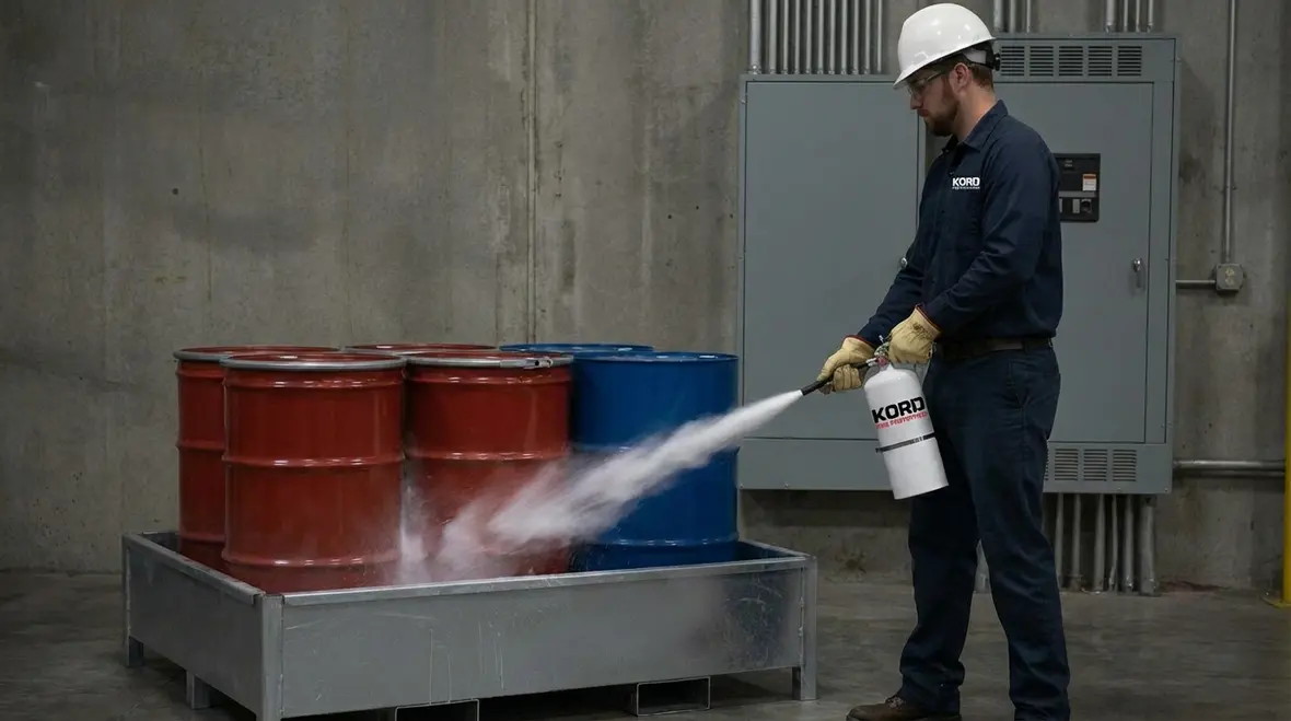 Class A fire extinguisher near office wastebasket