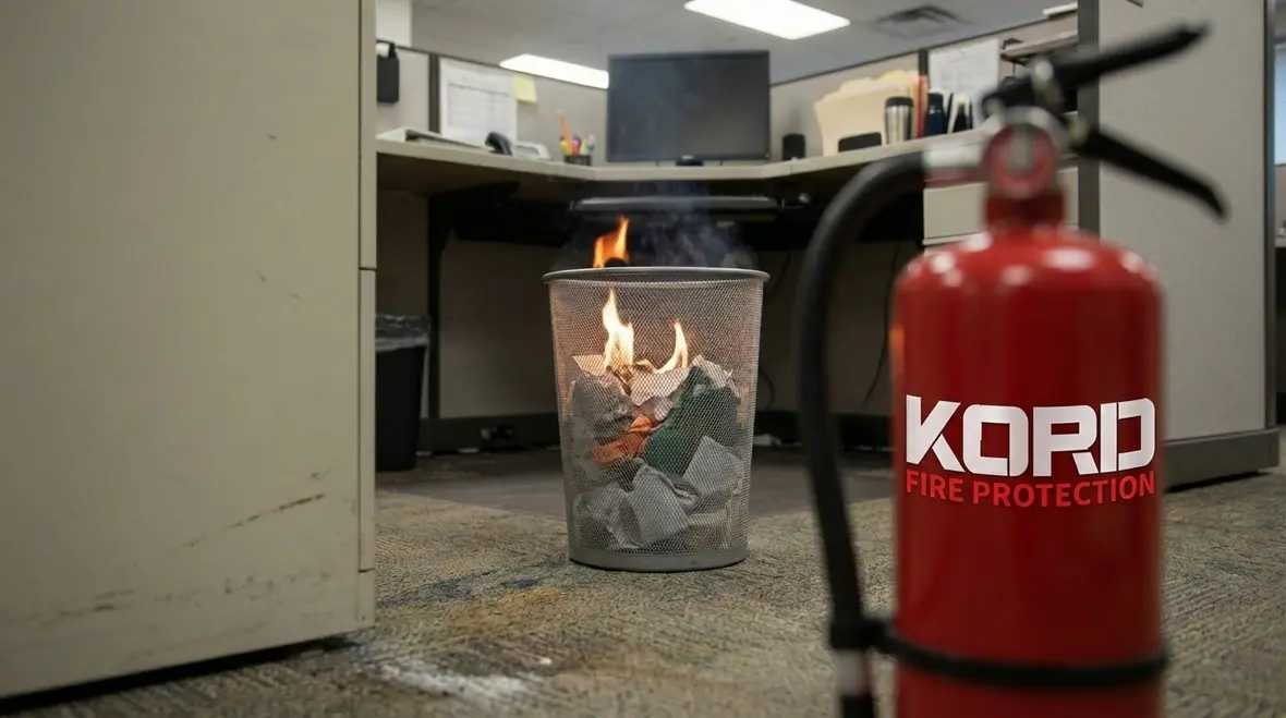Class A fire extinguisher near office trash can