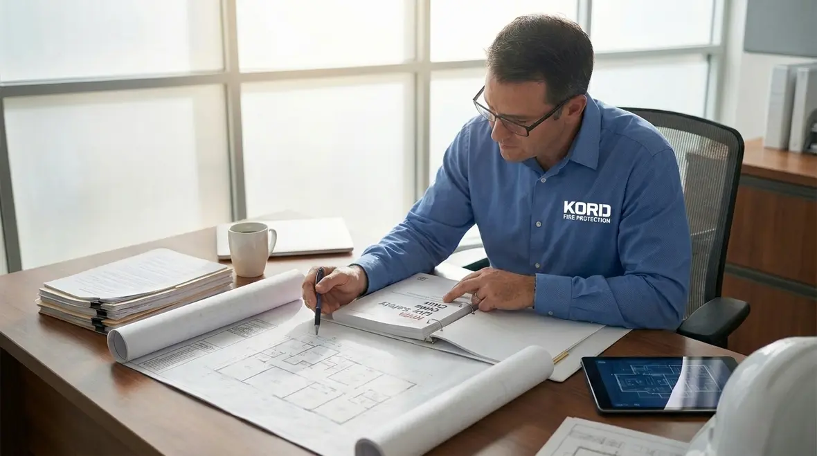 Technicians discussing Life Safety Code fire protection strategy in a facility