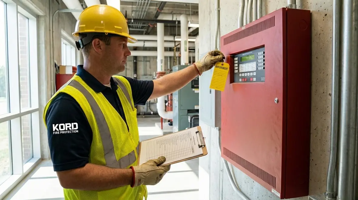 Fire protection technician verifying restored sprinkler and alarm systems