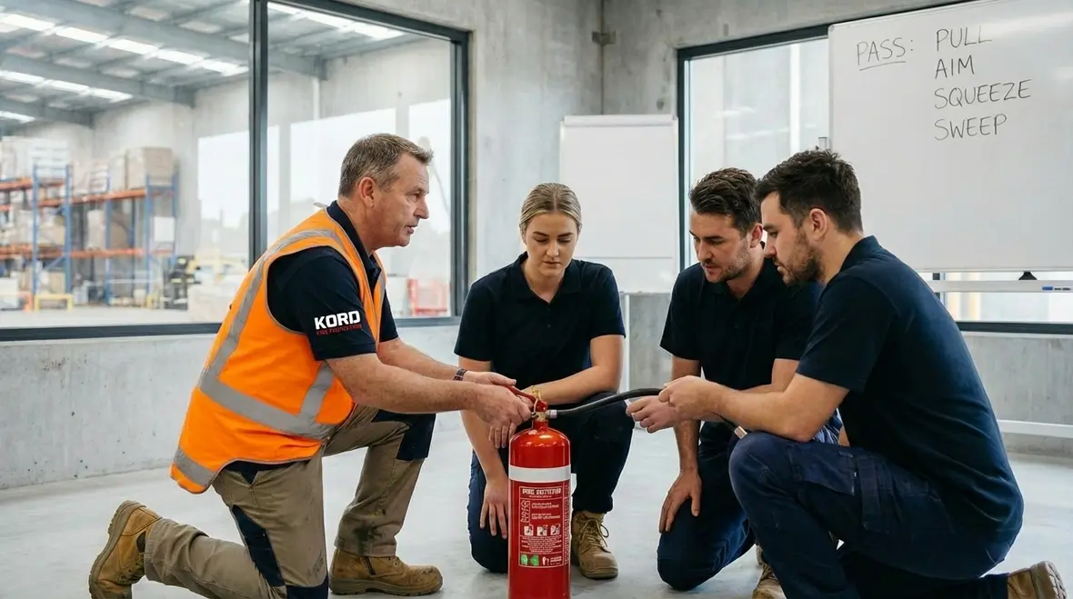 Technician leading fire extinguisher PASS method training session