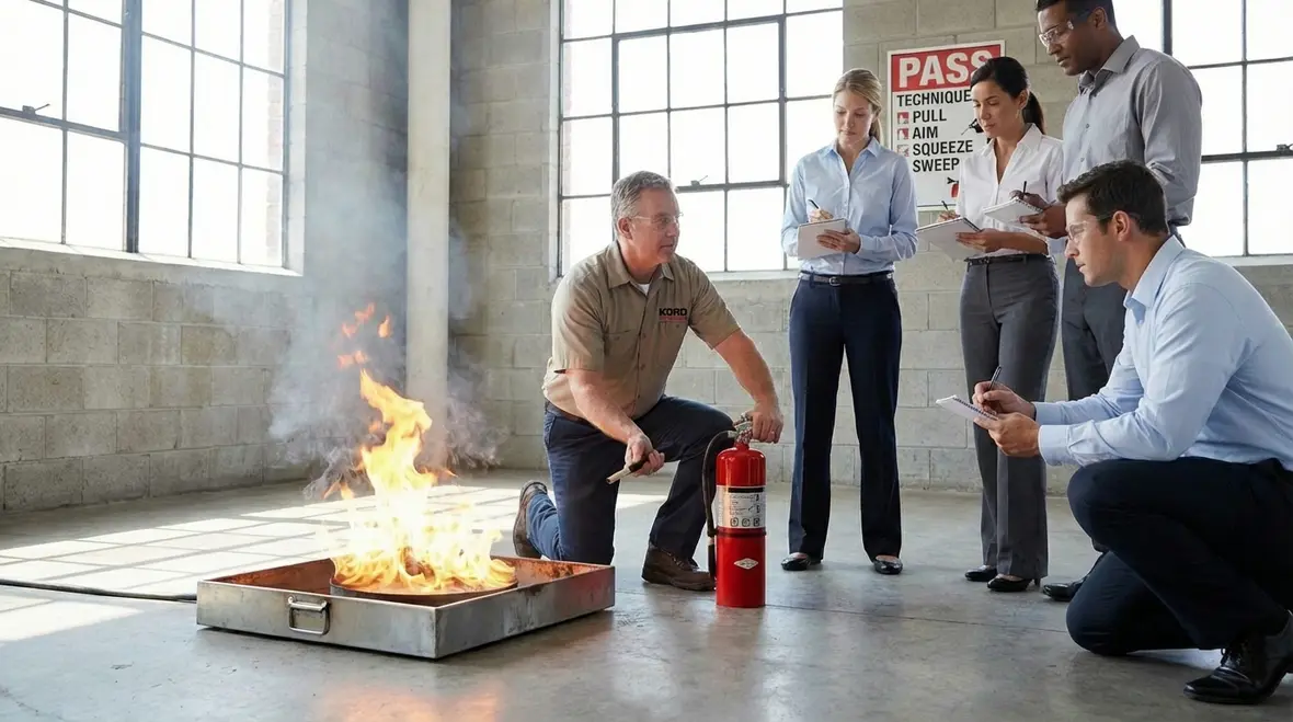 Mounted workplace fire extinguishers inspected for readiness