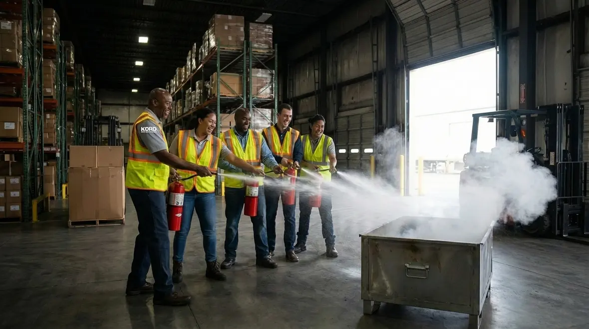 Group fire extinguisher training session in a warehouse