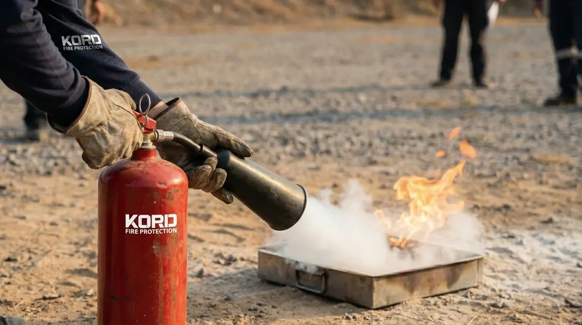 Workplace fire extinguisher mounted on wall ready for use