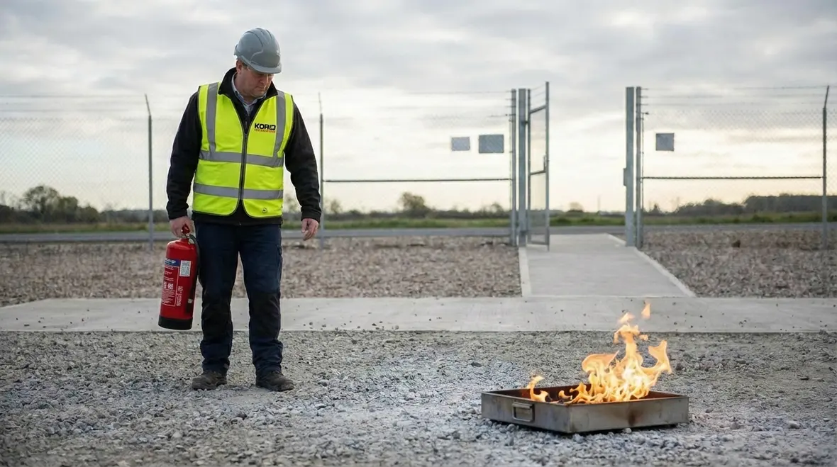 Instructor demonstrating PASS steps with a fire extinguisher