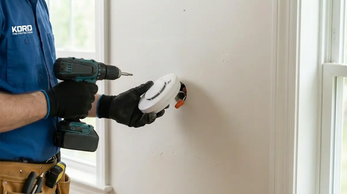 Technician reviewing wireless fire alarm control panel operation