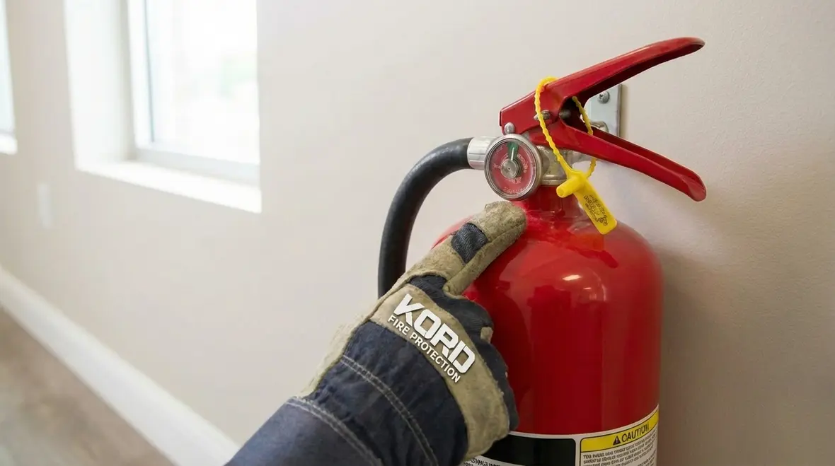 Technician performing El Monte fire extinguisher inspection