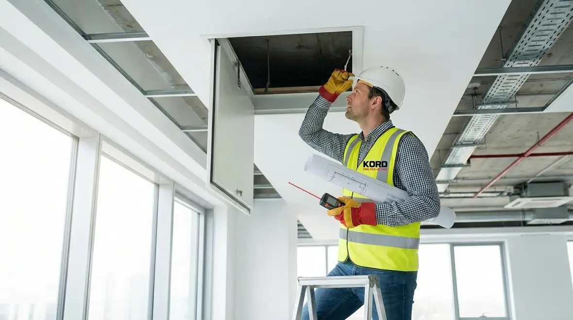 Technician reviewing Alhambra fire sprinkler installation plans