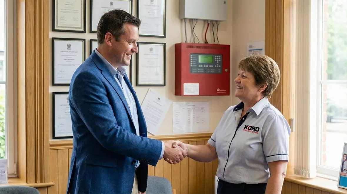 Technician inspecting monitored fire alarm devices in Agoura Hills business