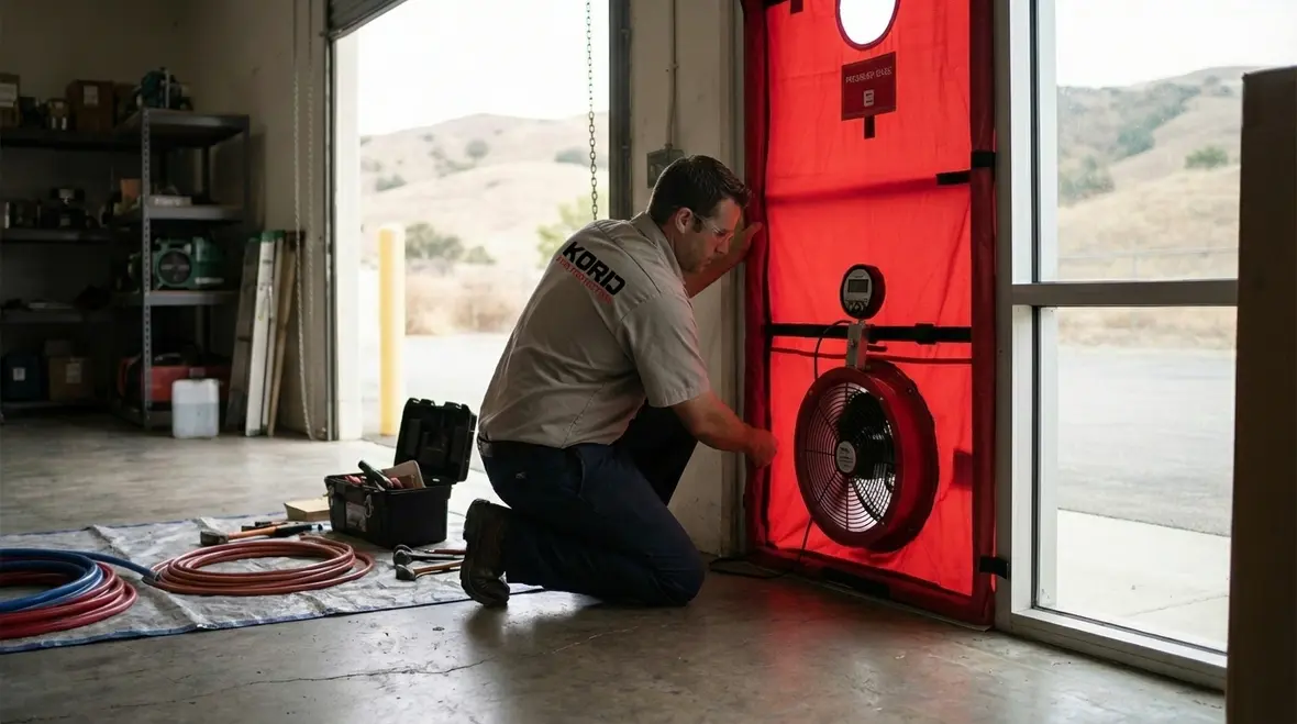 Technician performing room integrity testing in Agoura Hills