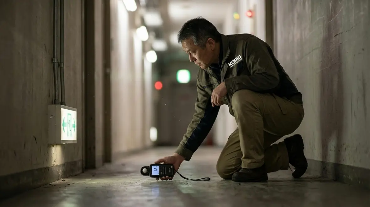 Well lit exit stairwell with emergency egress fixtures