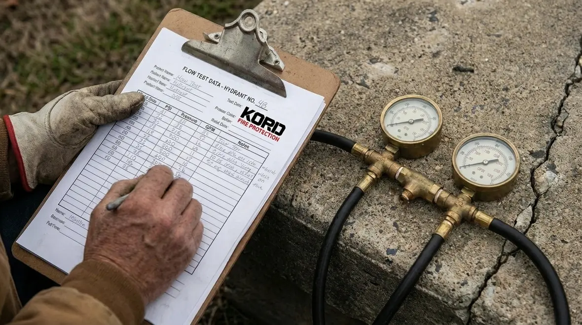 Technician reviewing hydrant flow test calculations