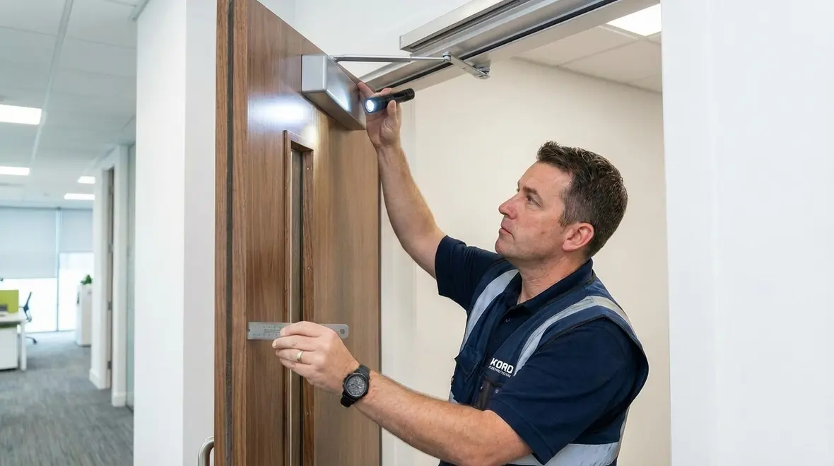 Technician checking fire door label and hardware