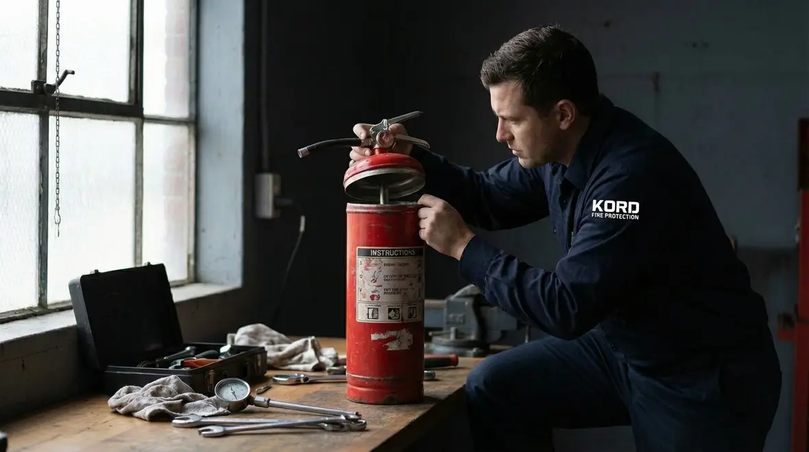 Kord Fire Protection technician servicing fire extinguisher in Artesia