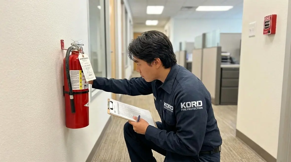 Artesia fire extinguisher service technician inspecting extinguisher