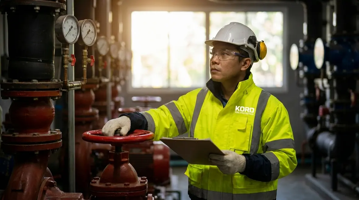 Technician performing Azusa fire pump testing in an industrial facility