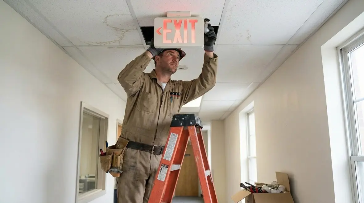 Fire protection technician inspecting Bellflower egress lighting system