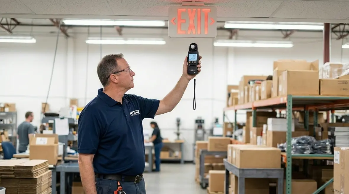 Technician testing Bellflower emergency exit lights and signs