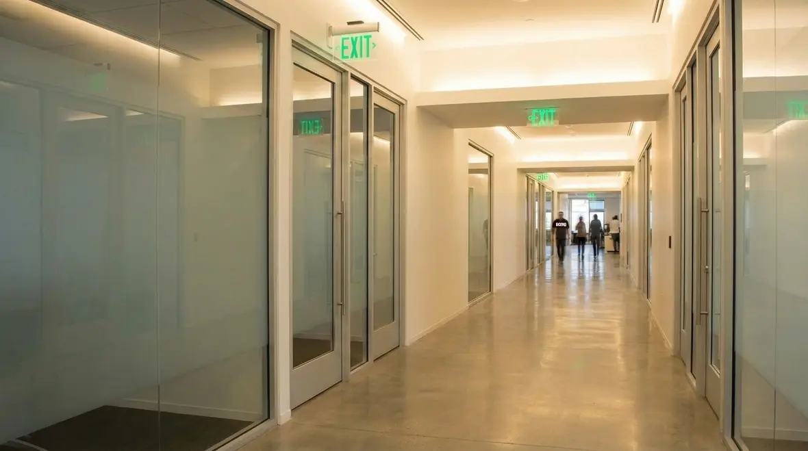Bellflower emergency egress lighting fixtures in a commercial hallway