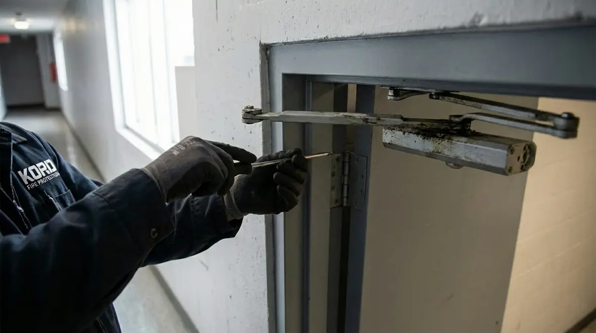Technician examining commercial fire door hardware