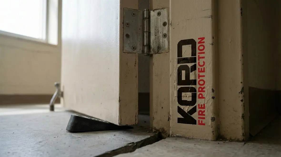 Inspector testing fire door closing and latching