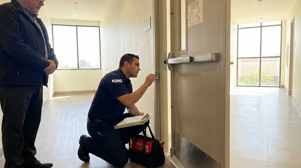 Bellflower fire door inspection technician checking fire door