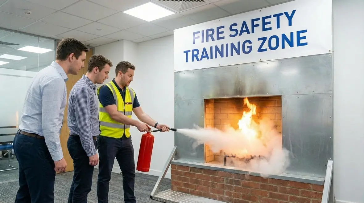 Business owner reviewing fire extinguisher placement with technician